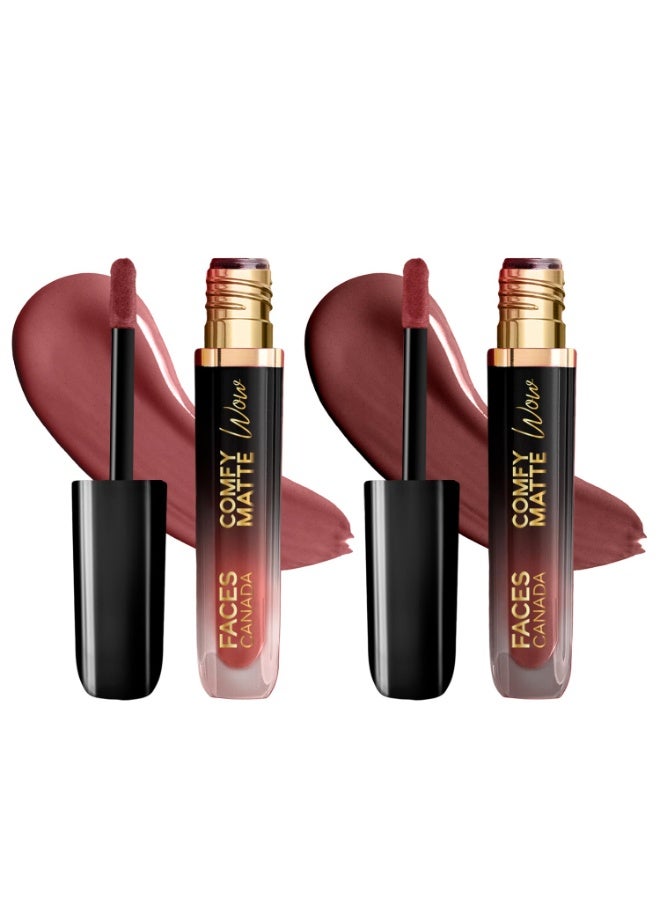 FACESCANADA Comfy Matte Wow Liquid Lipstick - The Latte Edit, (3.8ml x 2) | Choco Couture 01 + Cocoa Crush 07 | Long Lasting | Matte Finish | Lipstick Combo | Pack of 2 - Image 1